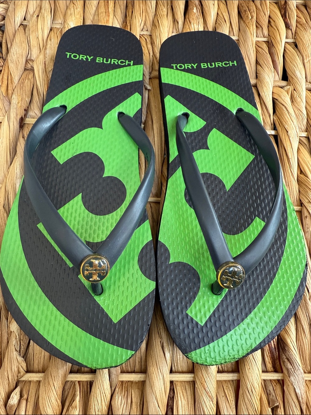 Tory Burch Navy Blue & Green Flip Flops